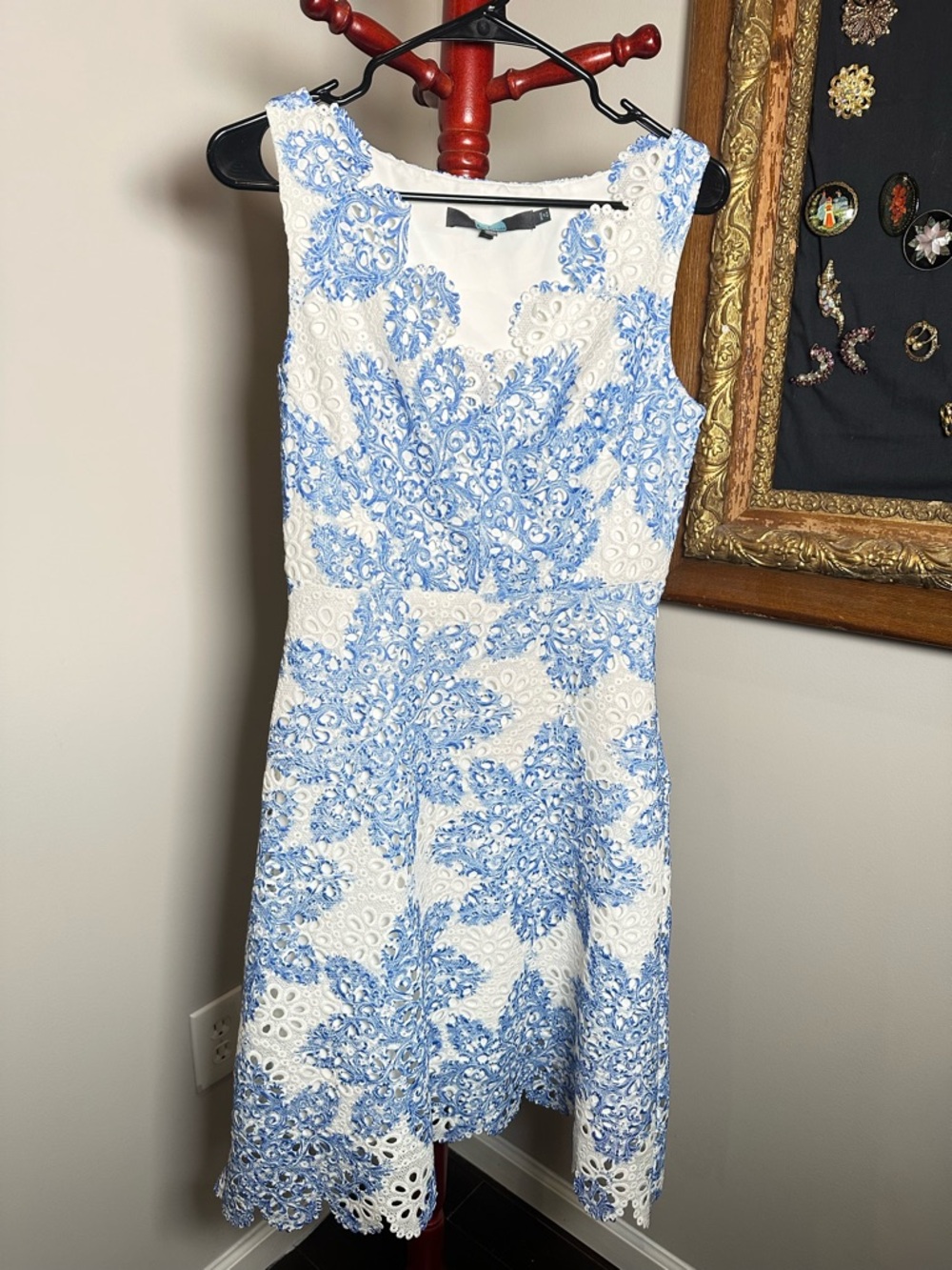 Anthropologie White Midi Dress with Light Blue Floral Eyelet